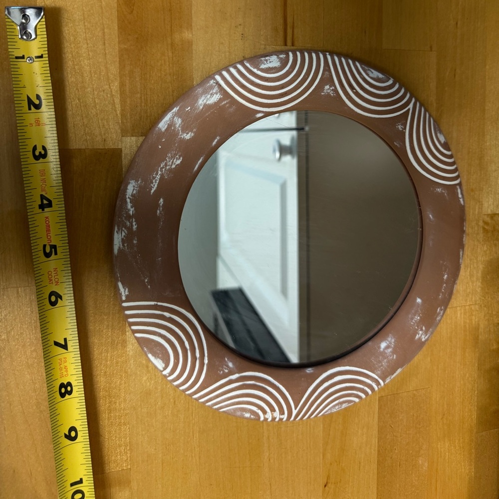 Round Brown Decorative Wall Mirror with White Pattern